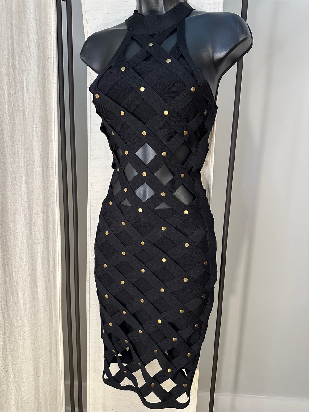 Bebe sexy bodycon bandage cross cross black studded dress XS